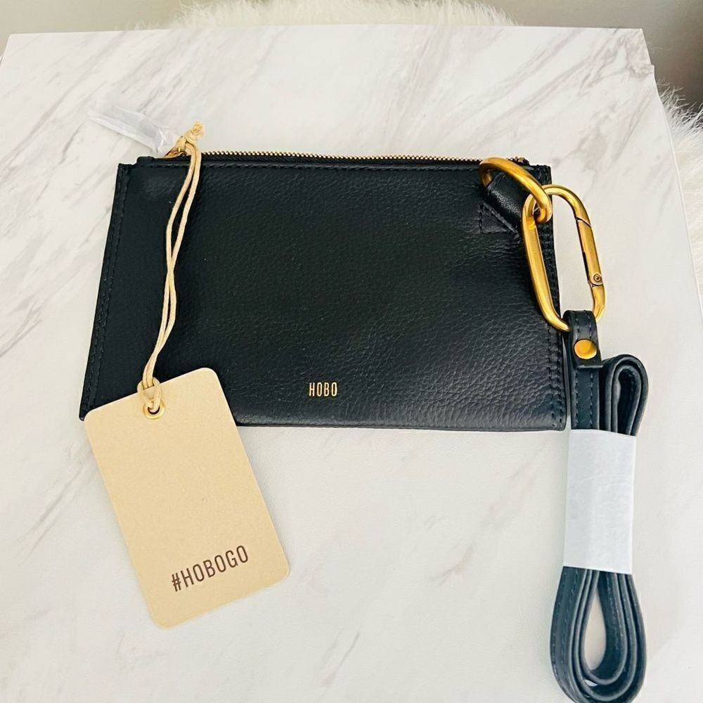 HOBO GO Tour Leather Zip Pouch Bag, Wristlet, with Lanyard, Black/Gold, NWT - Picture 3 of 12